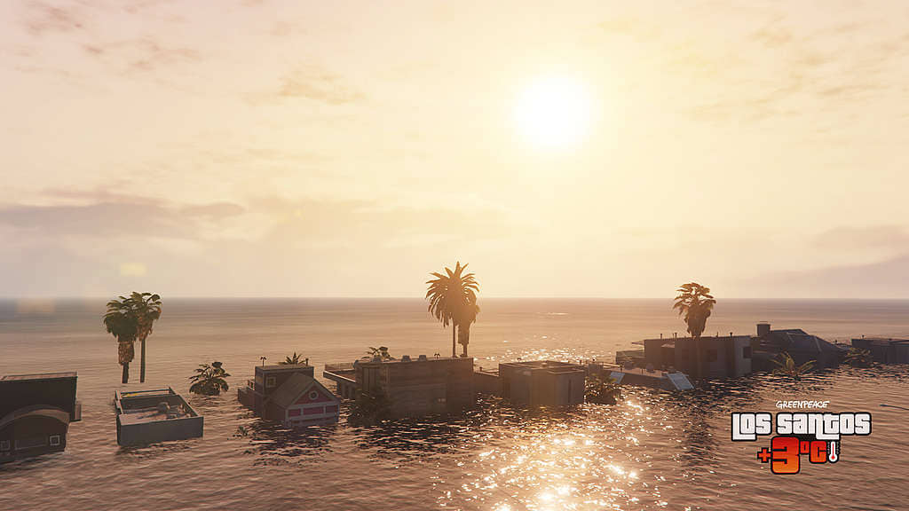《Los Santos +3°C》參照現實氣候危機數據改造遊戲場景，讓玩家猶如親歷其境。 © Greenpeace
