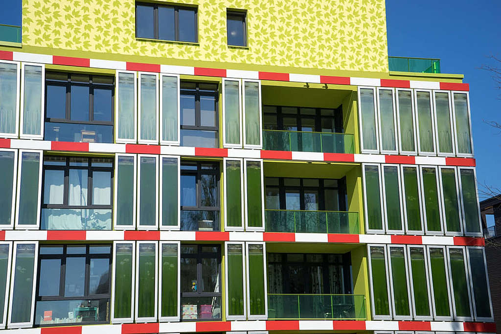 大廈外牆的綠色東西，是能夠產生可再生能源的藻類，可說是棟徹頭徹尾的「綠色大廈」。 © Manfred Rutz / Getty Images