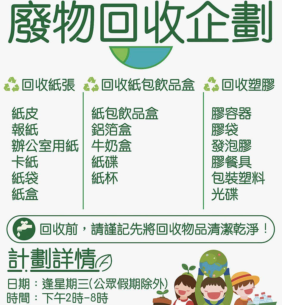 辨事處營運期間，我們除了在社交媒體上發佈回收日的資訊海報外，亦有在做街站時宣導回收日。海報詳細列明可回收物，讓街坊清楚了解計劃詳情。 © Sabrina Leung / Greenpeace