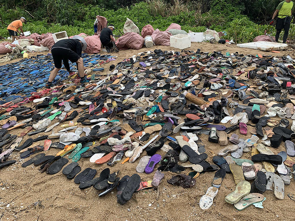 義工們正在分類及統計垃圾，當中包括大量同類垃圾，例如膠拖鞋。 © 我的山海日誌