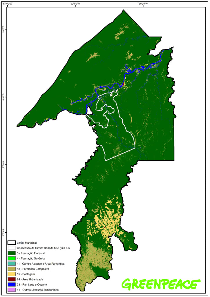 地圖上白色邊界範圍，為當地原住民成功爭取訂立的「可持續發展保護區」，惟仍須確保政策落實而非空談。 © Greenpeace