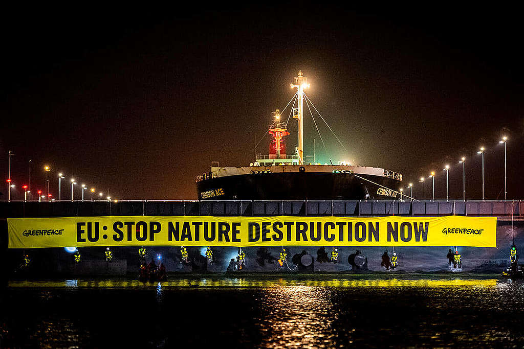 2022年5月11日，60多名來自16國的綠色和平行動者封鎖阿姆斯特丹港口18小時，要求歐盟制定強而有力的反毀林法案，立即停止破壞自然森林。 © Marten van Dijl / Greenpeace