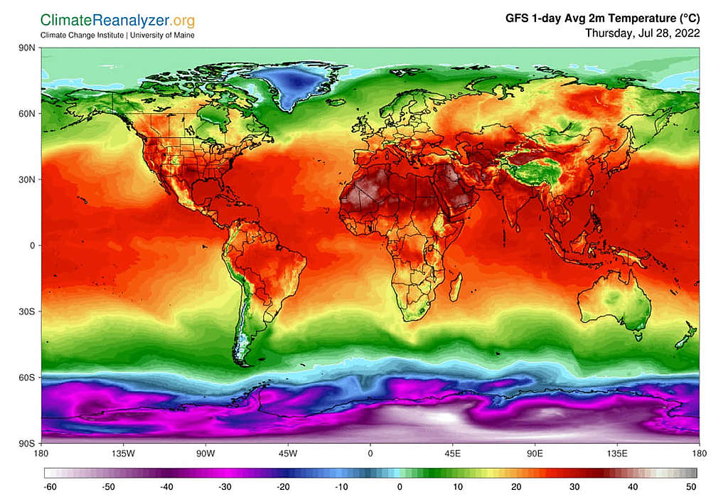 美國國家海洋及大氣管理局全球預報系統(GFS)2022 年 7 月 28 日的最高溫度分佈圖。 ©Climate Reanalyzer