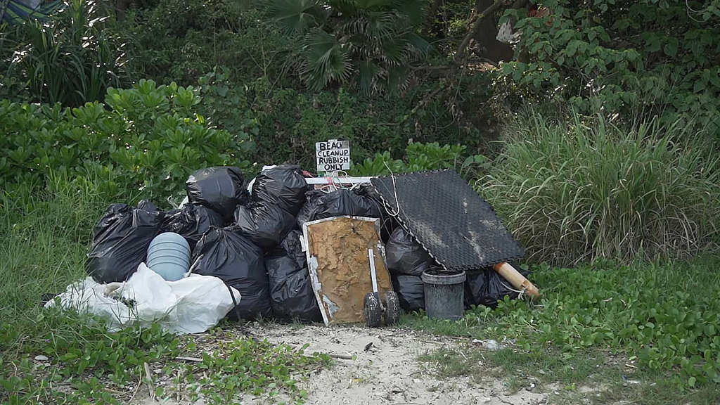 短短個半小時，Angelina 與團隊把超過 60 袋塑膠垃圾送往垃圾收集點，交由相關部門處理。 © Greenpeace