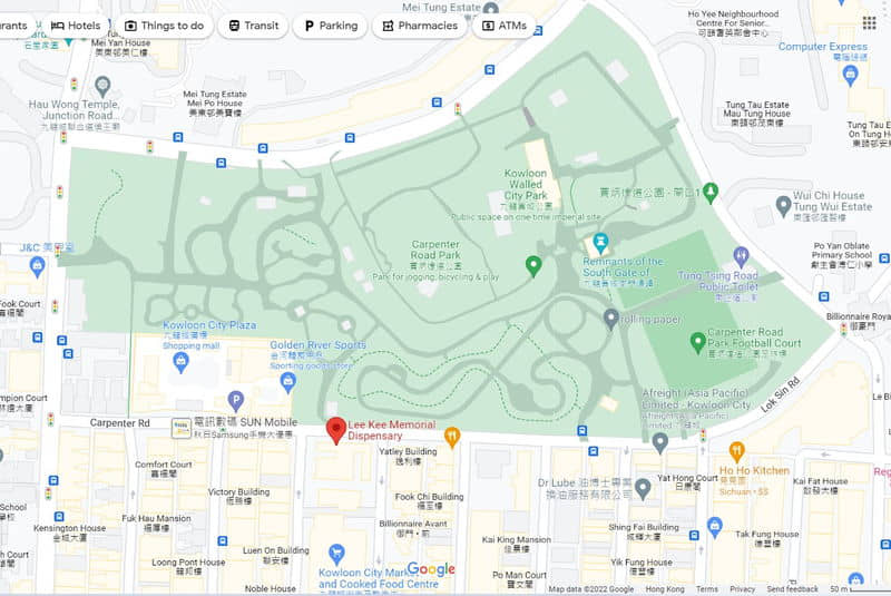 Google Map 截圖:賈炳達道公園及九龍城寨公園的範圍和所在。