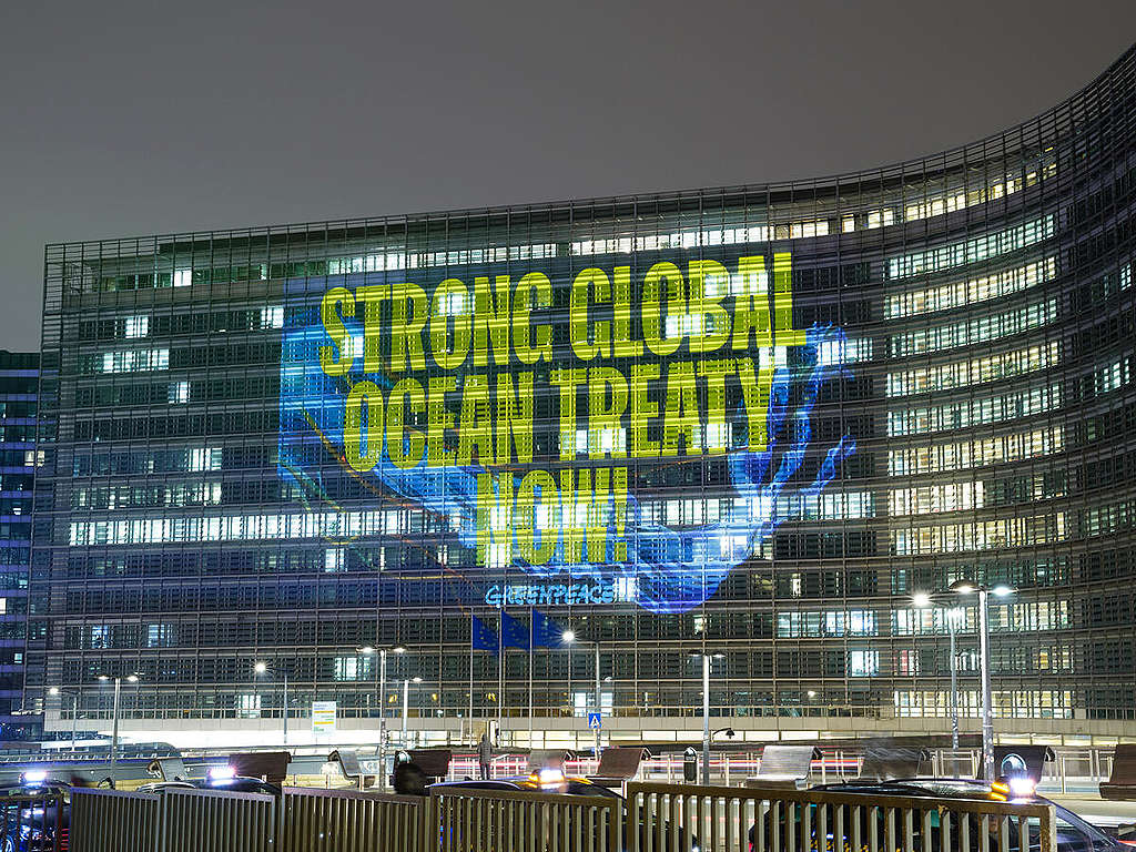 2023 年 1 月 23 日，綠色和平比利時辦公室行動者於布魯塞爾的歐盟總部外牆投影，促請歐盟官員履行承諾，於即將舉行的《全球海洋公約》會議率領各國通過制訂具約束力條約守護海洋。 © Greenpeace