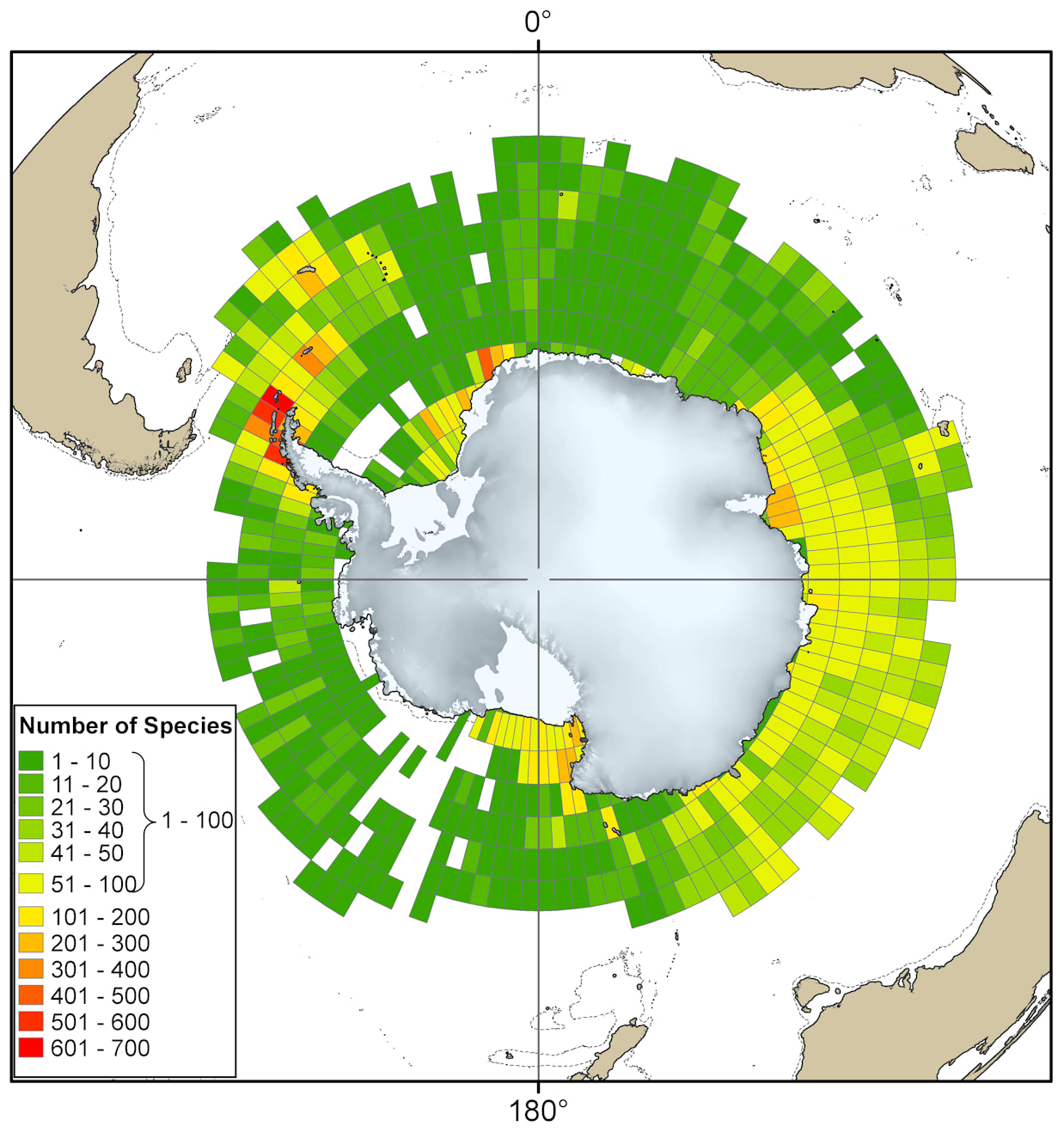 參考 SCAR-MarBIN 的物種分佈數據，南極半島一帶（紅色區域）所錄得的海洋生物種類冠絕南冰洋。 © Griffiths, H. J. Antarctic Marine Biodiversity – What Do We Know About the Distribution of Life in the Southern Ocean?