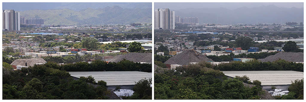 綠色和平 2021 年實地調查棕地違規作業,期間見證厦村雞伯嶺「垃圾山」的高度與規模,於短短一個月內大幅增加。(點擊瀏覽綠色和平「此亂棕地」地圖庫) © Greenpeace