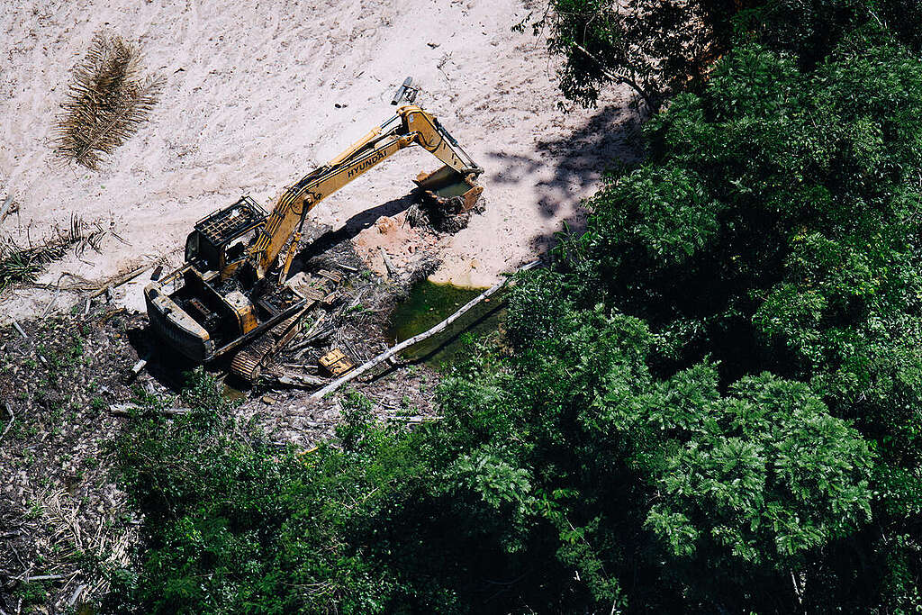 2023 年 3 月 22 日至 23 日，綠色和平巴西辦公室團隊在亞馬遜 Munduruku 和 Kayapó 原住民土地上空，實地調查韓國現代集團出口的液壓挖土機如何被用於非法採礦，破壞亞馬遜森林。 © Christian Braga / Greenpeace