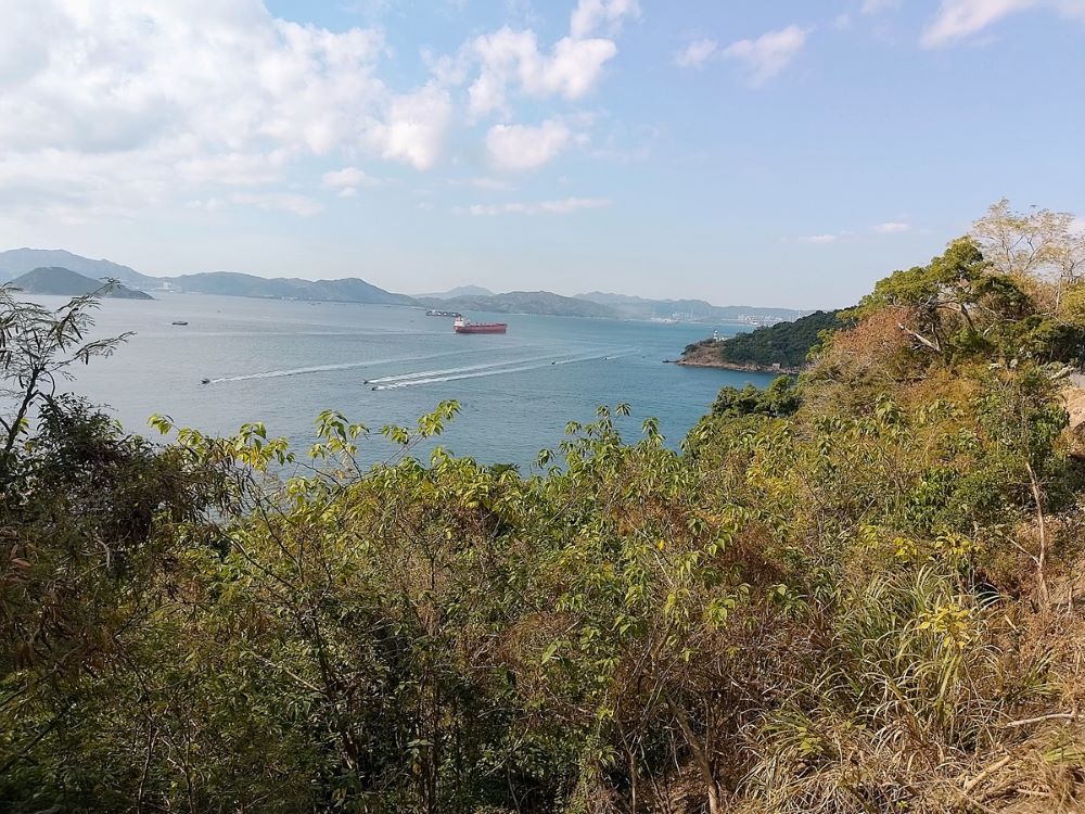 芝加哥大學香港校園旁巴士站看山林海景。雖然陽光普照，維港遠岸（右遠方）和青洲燈塔（右面島嶼）風光宜人，但在明日大嶼的陰影下，格外擔心交椅洲（左前方的島嶼）和這片大海的命運。© helen yip