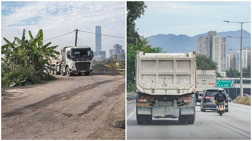 團隊追蹤其中一輛泥頭車，懷疑有發展商於魚塘非法傾倒泥頭。 © Greenpeace