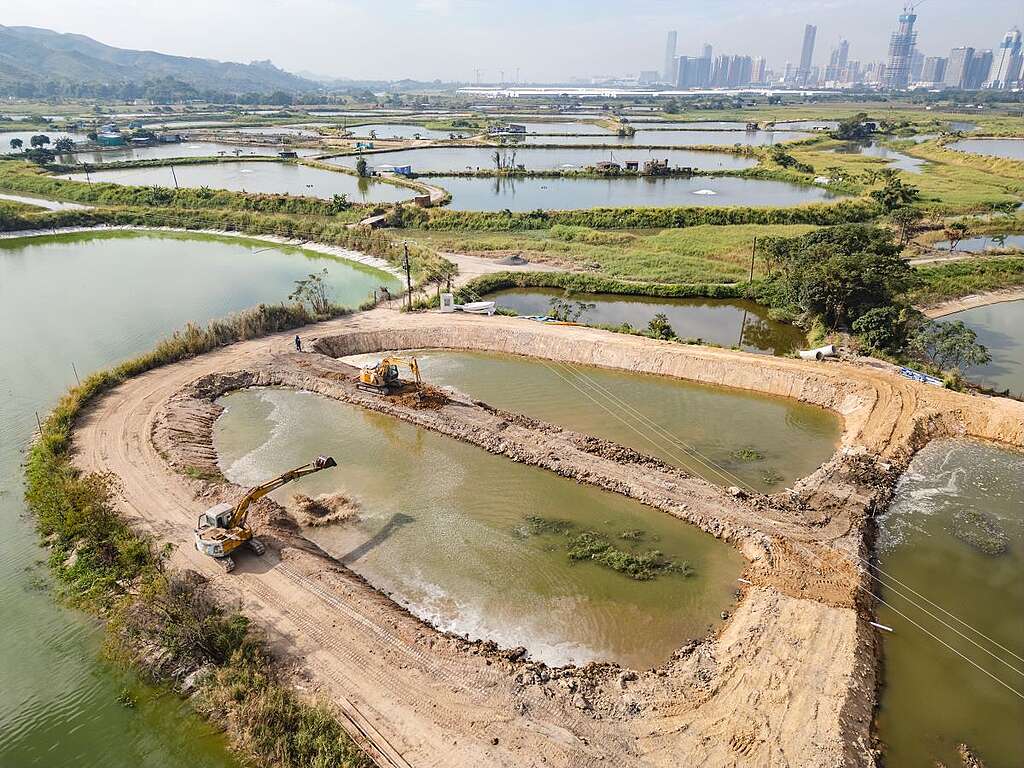 Hoi 在蠔殼圍拍下這張水花四濺的填塘照片，坦言是從事偵查報道多年來首次目擊傾倒泥頭的整個過程。 © Greenpeace