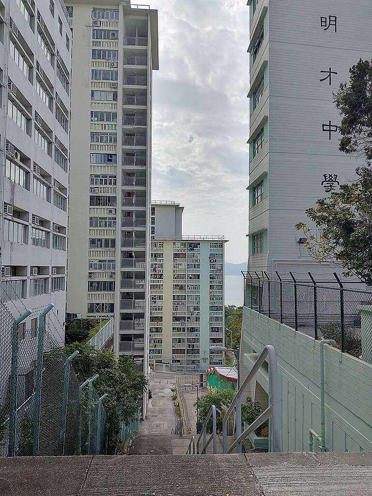 呂明才中學旁樓梯盡頭是瀑布灣道,右面有寶血小學,對面是華清樓。華建樓在左面綠樹藍欄杆前。 © helen yip