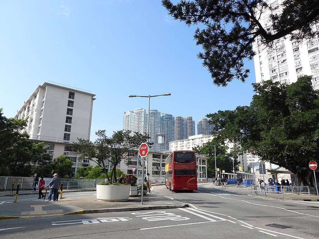 圖右大榕樹旁邊是華富南巴士站。巴士站對面是華富一邨範圍。 © helen yip