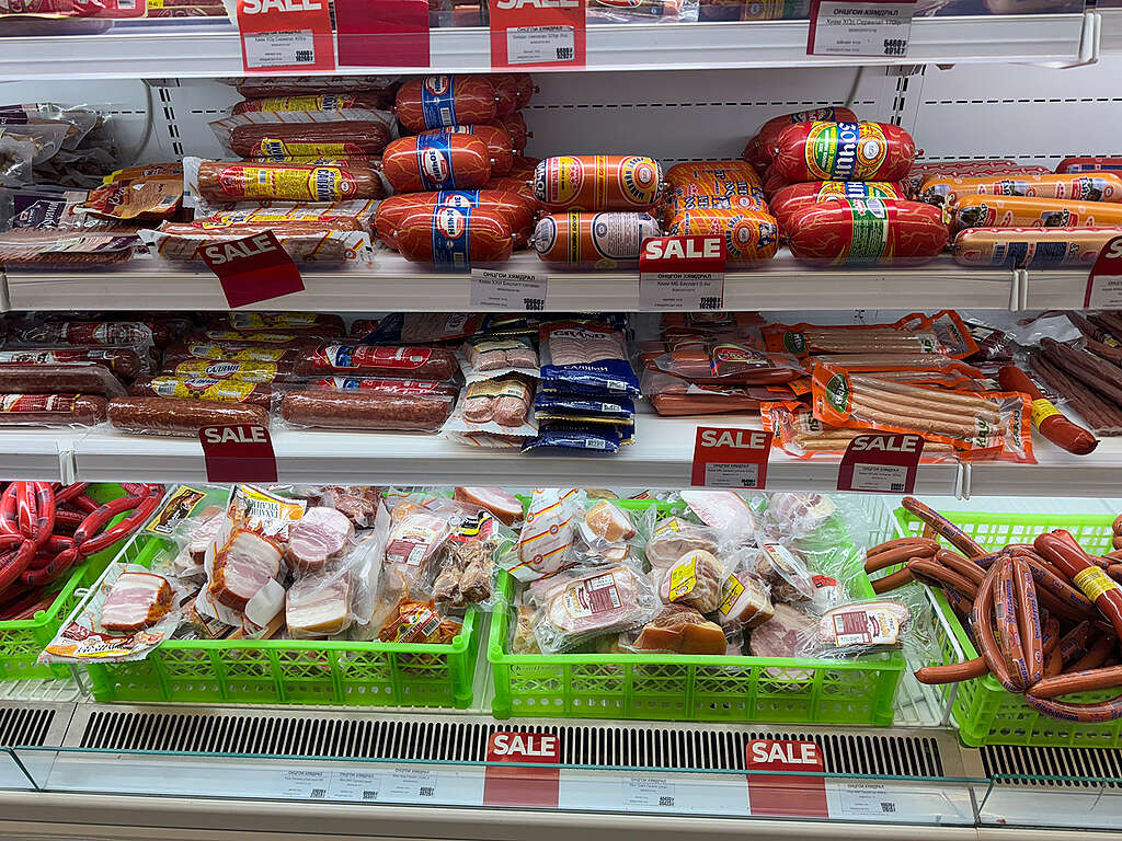 Műanyagba csomagolt húsok a mongol Orgil hipermarketben © Dulguunzul Zanabazar, Ecosoum, Mongólia