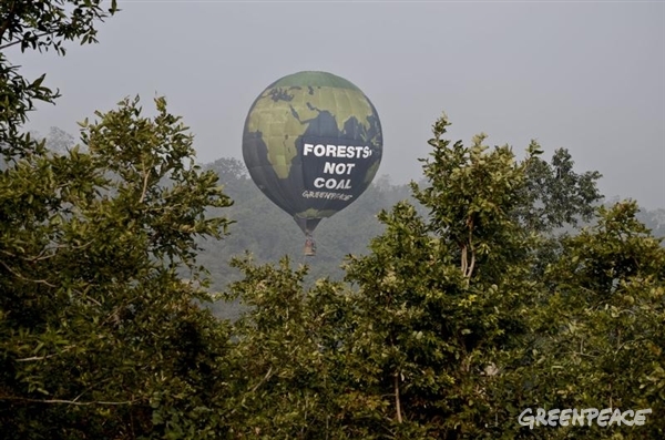 Greenpeace's hot-air balloon flies over the forests of Mahan in Madhya Pradesh.