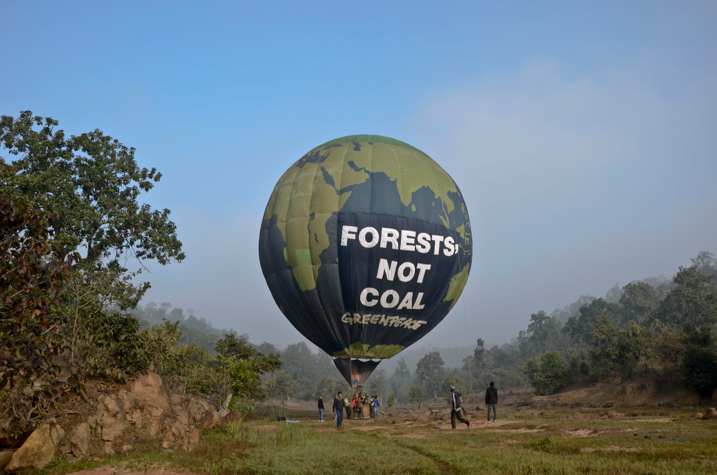 The Greenpeace balloon is prepared to fly over forests in Mahaan in Singrauli, located in the central Indian state of Madhya Pradesh. Indian film actor Abhay Deol will board one of the balloons to speak to the media and to highlight the threat to the pristine forests in Mahaan from coal mining.
