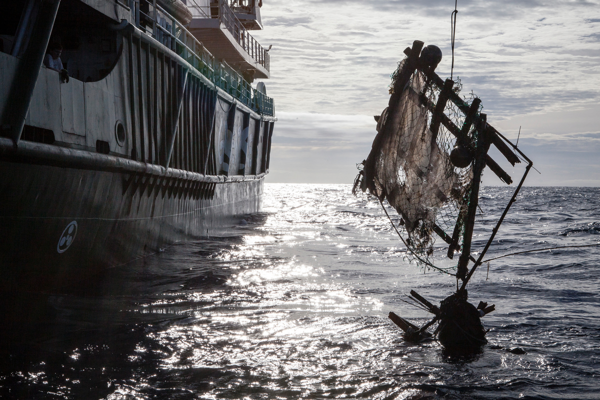 Greenpeace crew members on the Esperanza pull in a FAD © Will Rose / Greenpeace