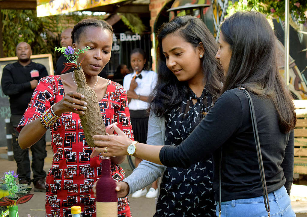 Decorated bottles created during Make SMTHNG Week in Nairobi. © Greenpeace