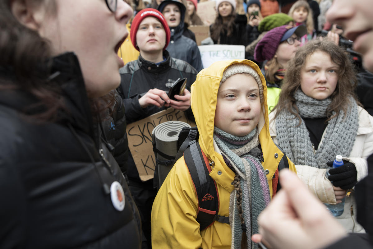 Swedish climate activist Greta Thunberg at the demonstration. The Fridays for Future is an international movement of school students who are deciding not to attend classes and instead take part in demonstrations to demand action to prevent further global warming and climate change. © Christian Åslund / Greenpeace