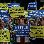 Environmental activists display placards as they troop to Nestle’s Philippine headquarters in Makati City demanding accountability for its role in abetting the country’s plastic pollution crisis. Nestle was named one of the worst plastic polluters after cleanups and brand audits of plastic waste around the world in 2018.

Accompanied by four higantes  and a serpent-like plastic monster, the groups delivered a demand letter and “invoice from the Filipino people” outlining the costs of Nestlé’s single-use plastic packaging to human health impacts, environmental pollution, death of wildlife, damage to livelihoods and businesses, greenhouse gas emissions, and waste management challenges.