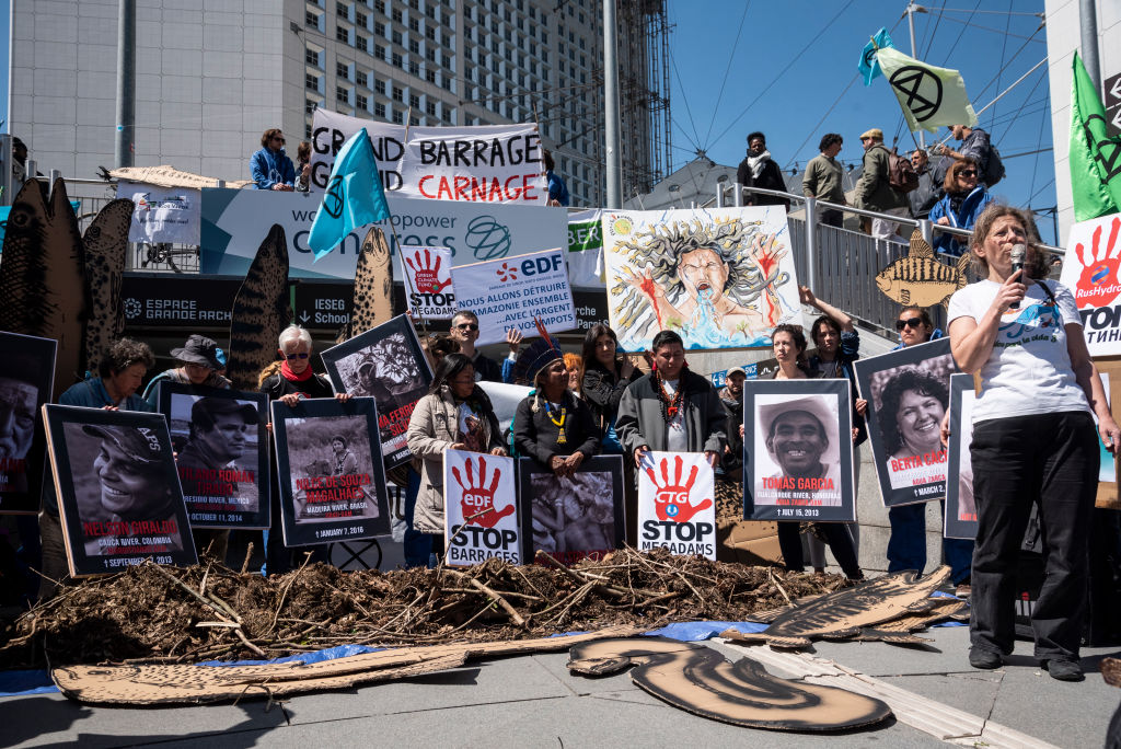 Action By Environmental Activists At The Entrance To The World Hydropower Congress In Paris Photo by Samuel Boivin/NurPhoto via Getty Images