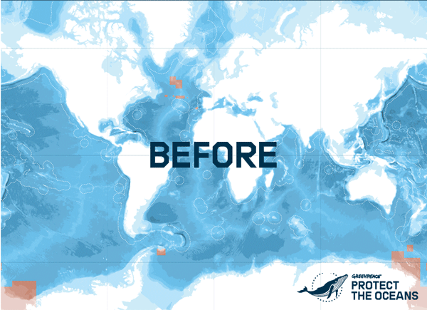 Map showing before and after create a huge network of protected areas (ocean sanctuaries) covering at least 30% of the oceans by 2030