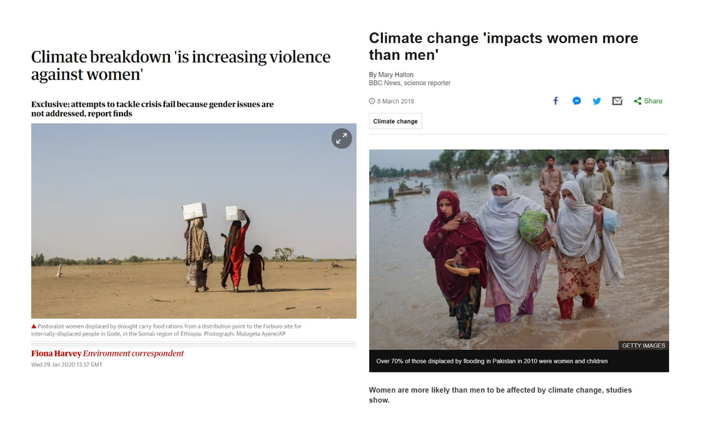 screenshot of two articles showing climate breakdown is making women more vulnerable to gender-based violence