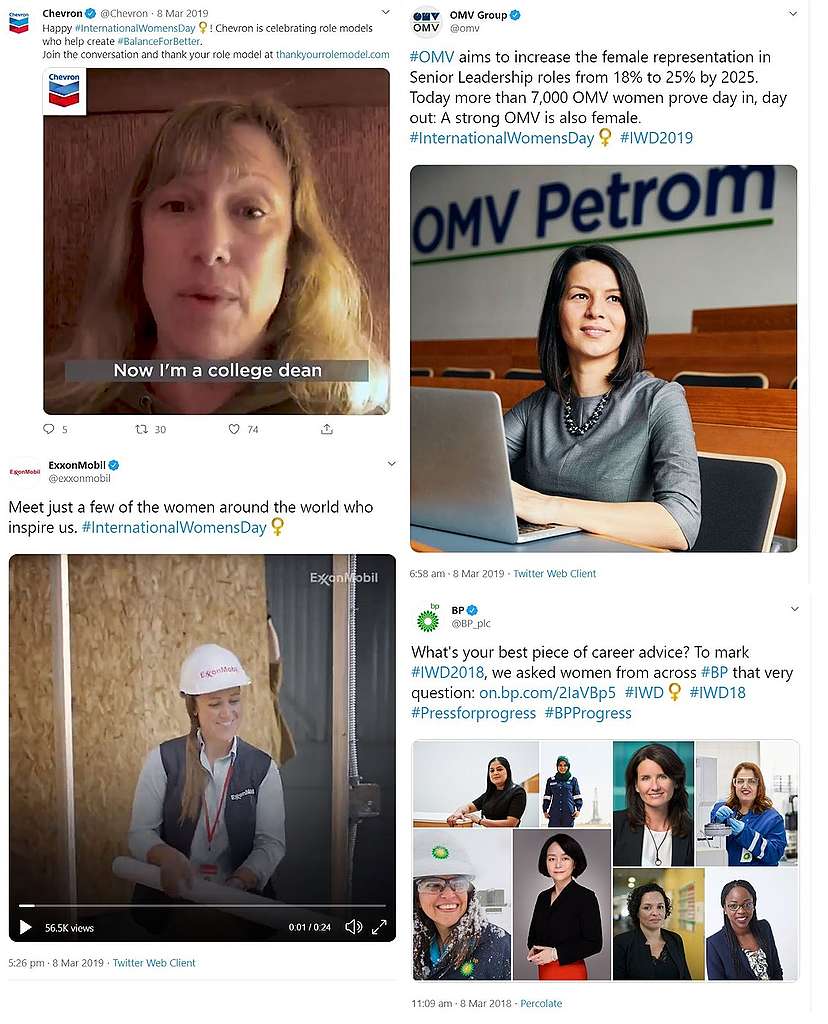 genderwashing tweets from Chevron, OMV, Total, Exxon for International Women's Day screenshot of genderwashing tweets from Chevron, OMV, Total, Exxon for International Women's Day