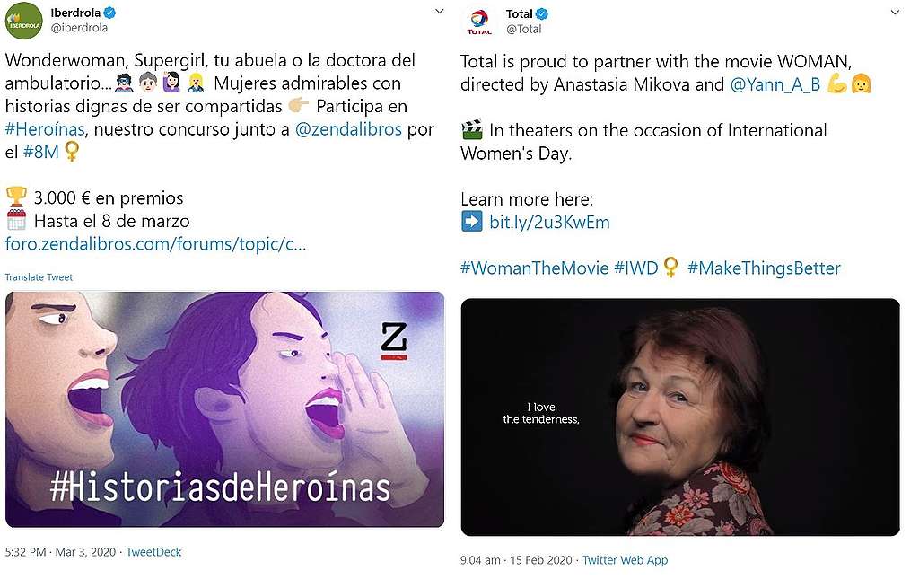 two tweets from Total and Iberdola organizing competitions, or sponsor cultural events like film launches for International Women's Day screenshot of two tweets from Total and Iberdola organizing competitions, or sponsor cultural events like film launches for International Women's Day