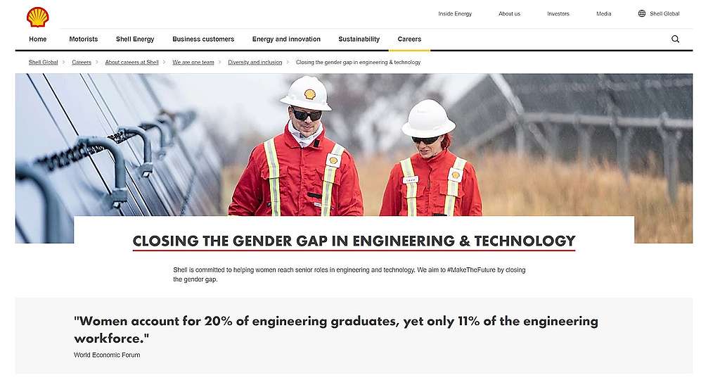page from Shell's official website about "closing the gender gap in engineering and technology" screenshot showing a page from Shell's official website dedicated to "closing the gender gap in engineering and technology"