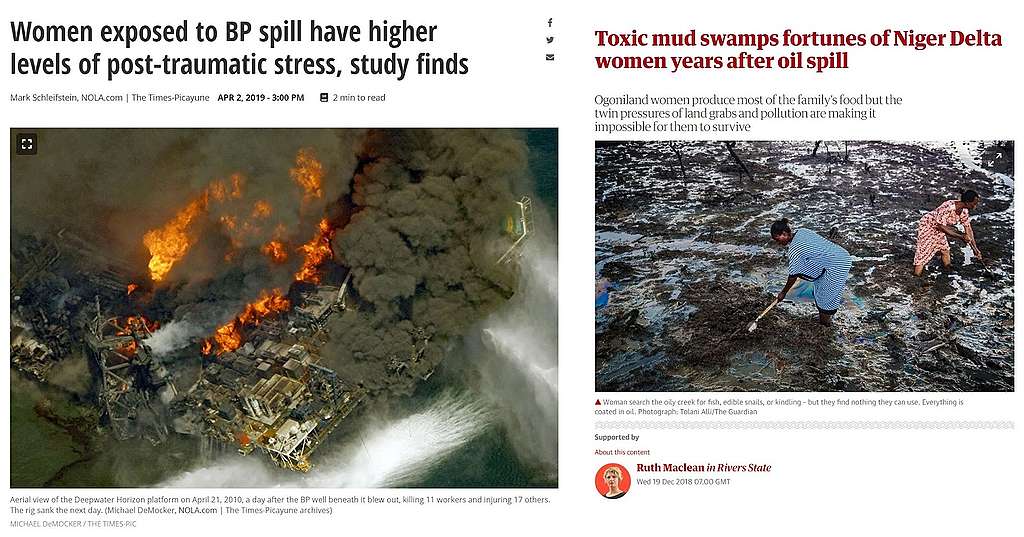 screenshot of two articles about women suffering more from the impacts of fossil fuel related pollution