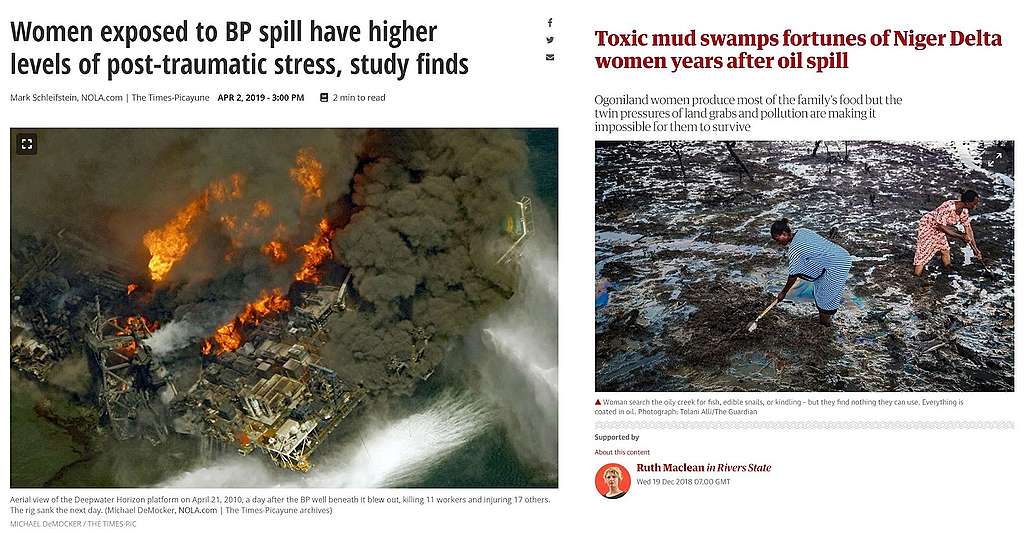 article about women suffering more from the impacts of fossil fuel related pollution screenshot of two articles about women suffering more from the impacts of fossil fuel related pollution
