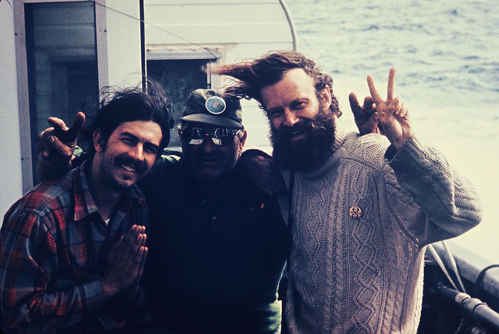 Rex Weyler, John Cormack, and Bob Hunter on board the Phyllis Cormack. © Greenpeace / Ron Precious