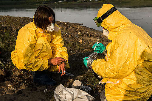 Samples Collected from Pyasina River Contaminated by Oil in the Russian Arctic. © Dmitry Sharomov / Greenpeace