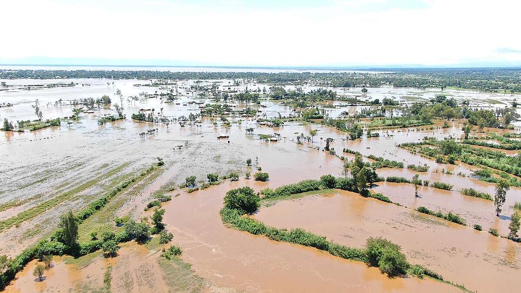 Aerial view of flooded villages and land. Floods are back in Kenya and households have been displaced over the last several days. The floods have left thousands displaced, hundreds lives lost, crops have been destroyed and livestock dead. Weather patterns in East Africa have been significantly affected by the changing global climate. @greenpeace