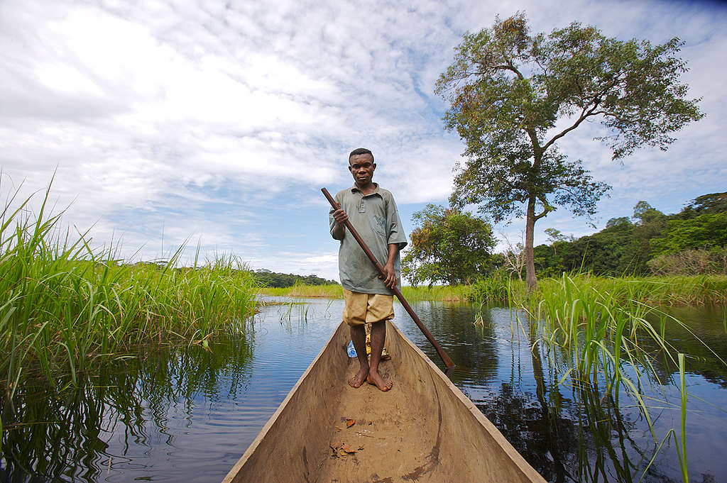 Local Man on Lake Tumba. © Greenpeace / Philip Reynaers