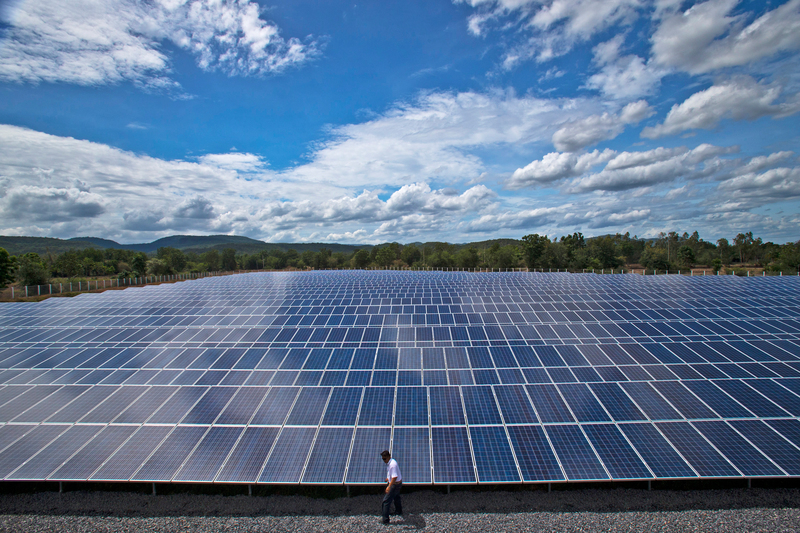 A man walks in solar farm. © Athit Perawongmetha / Greenpeace