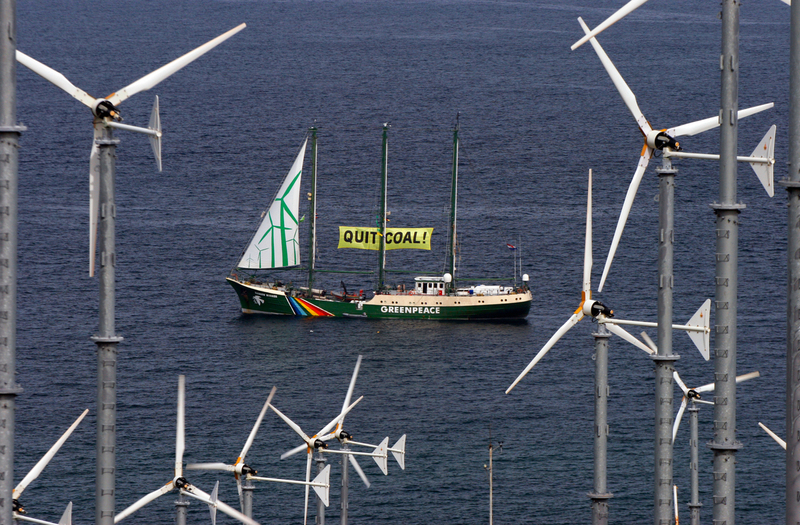 Rainbow Warrior anchors near the Koh Lan Wind Turbines in Thailand