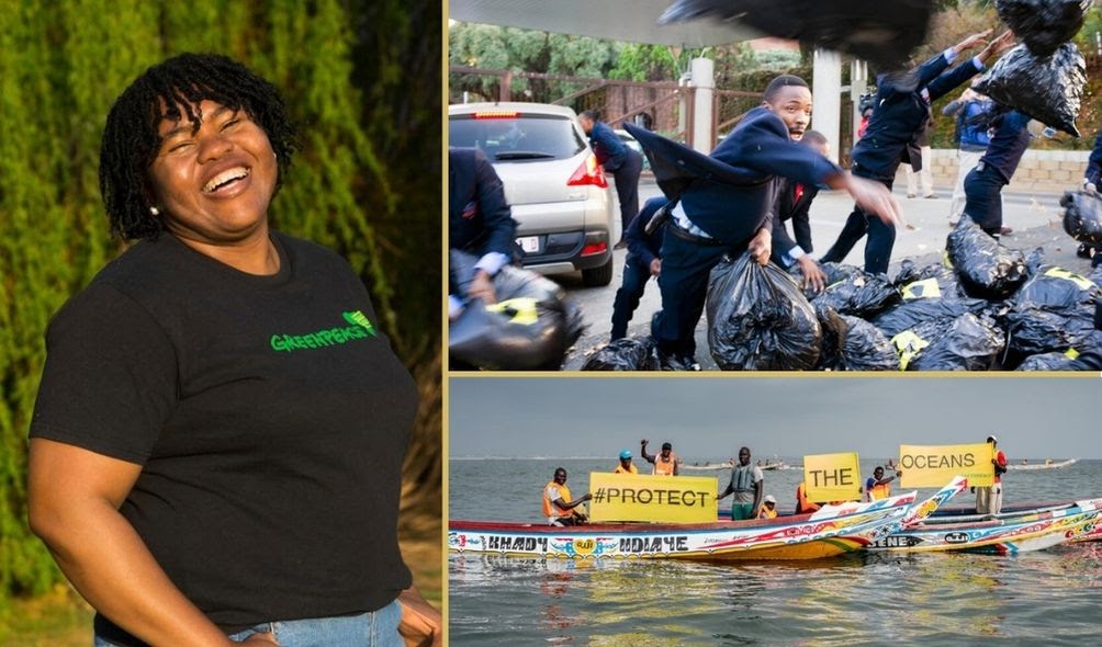 Greenpeace Africa Head of Communications Mbong Akiy and images of protests in South Africa and Senegal