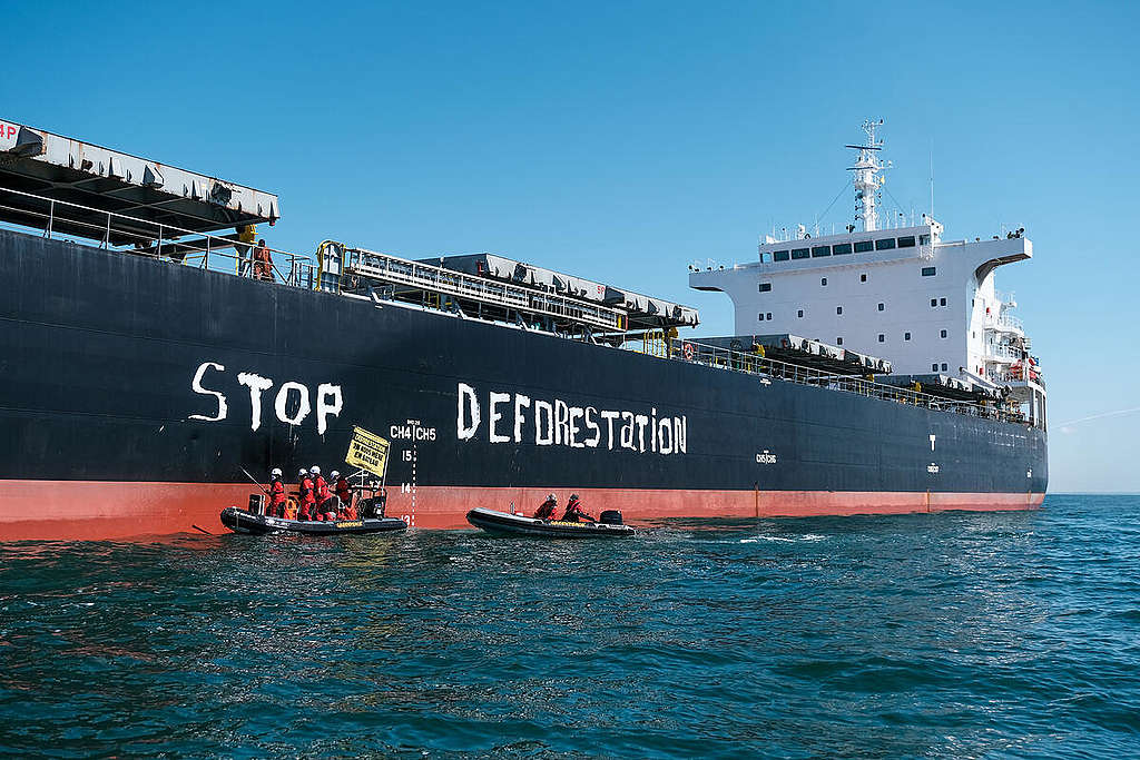 Picture showing Greenpeace France activists painting the words 