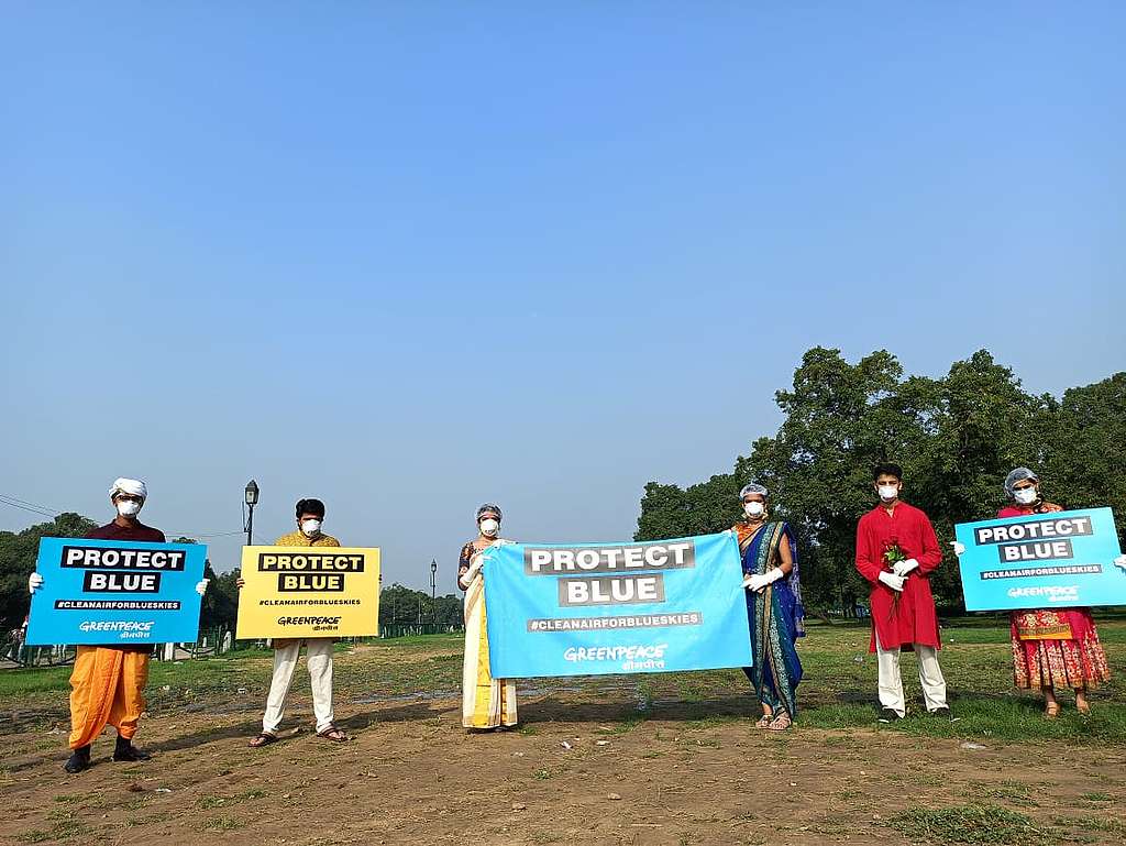 Dressed in ethnic wear, Neha Gupta participated in the Clean Air for Blue Skies campaign to address Delhi's air pollution.