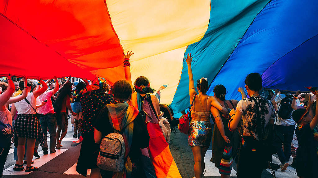 Photo of people carrying a rainbow flag Photo of people carrying a rainbow flag