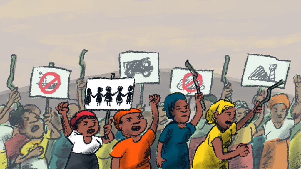 Still from animated short film by African ecofeminist alliance WoMin shows women protesting.