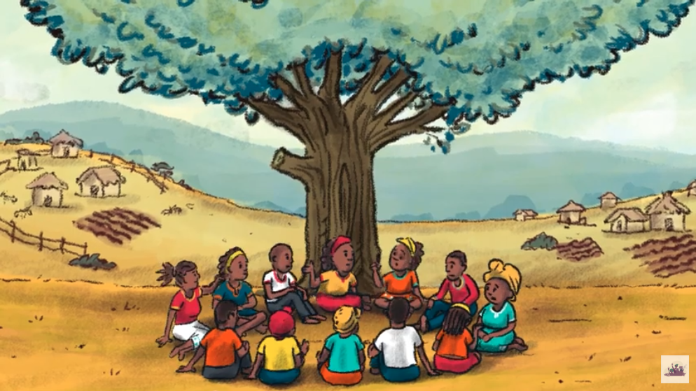 Still from short film by African ecofeminist alliance WoMin. Shows a group of women meeting, in a circle, under a tree.