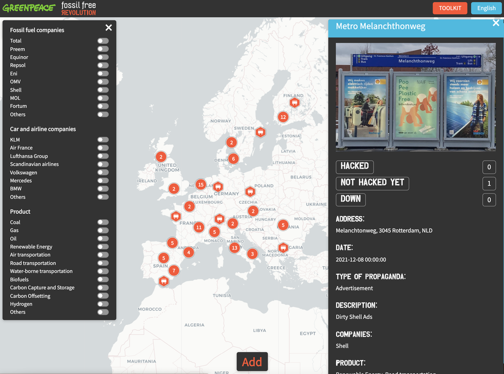 Greenpeace #BanFossilAds map.