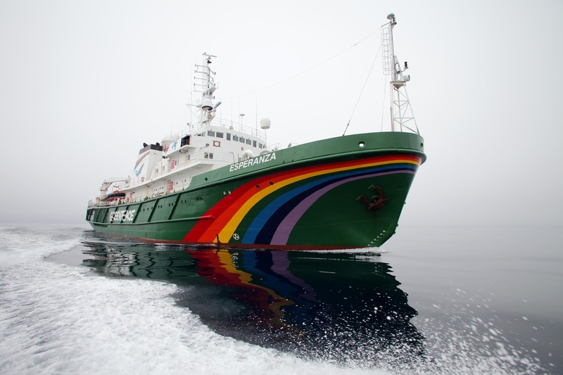 The Esperanza visible through the mist in the waters off Greenland