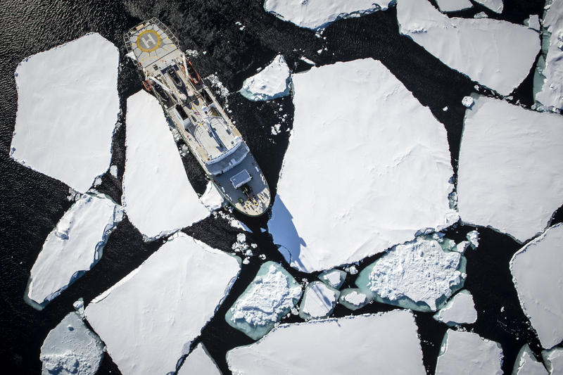 Aerial view of the Esperanza cutting through sheets of ice