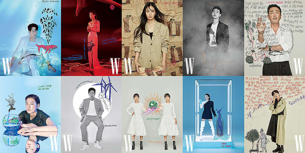 A montage of photos with men and women with English text A montage of photos with men and women and text in Korean