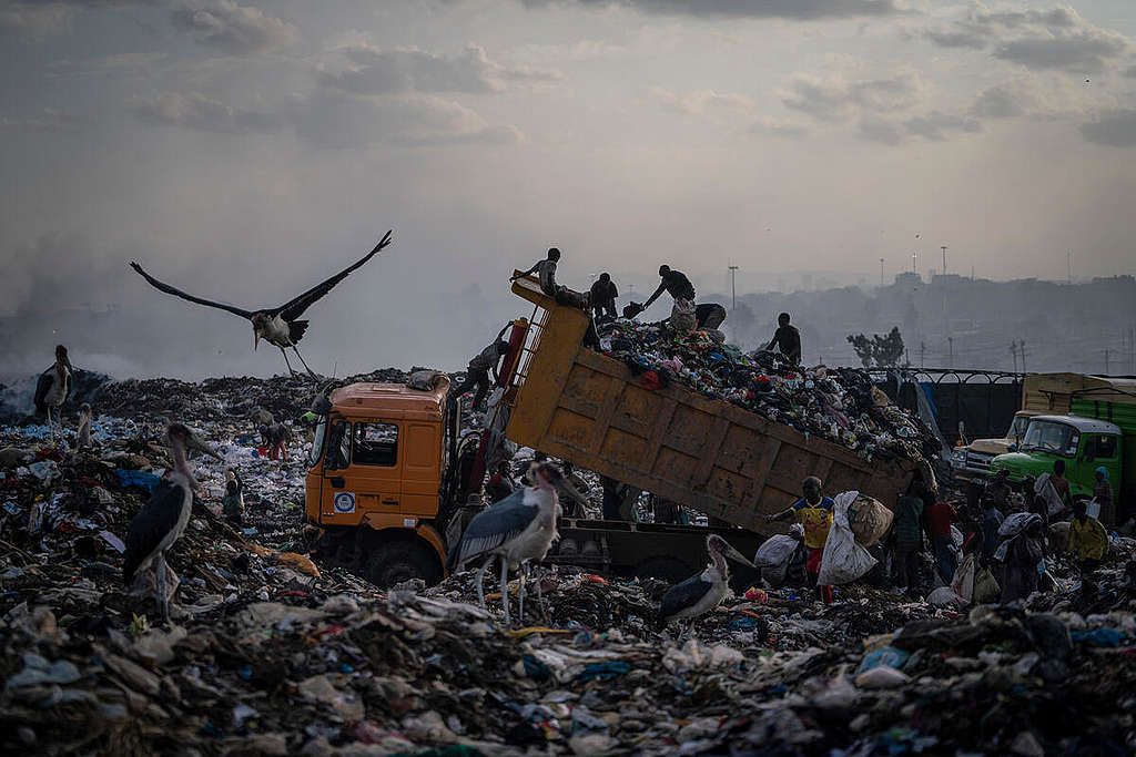 Fast Fashion Research in Kenya. A truck filled with waste is unloaded at the Dandora dumpsite in Nairobi, Kenya. This dumpsite was already deemed full in 2001, but is still being used today. © Kevin McElvaney / Greenpeace